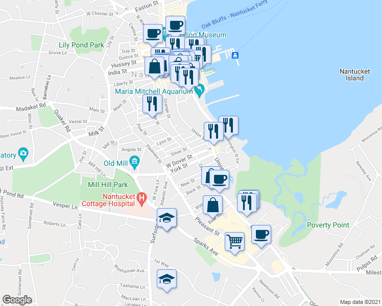 map of restaurants, bars, coffee shops, grocery stores, and more near 75 Orange Street in Nantucket