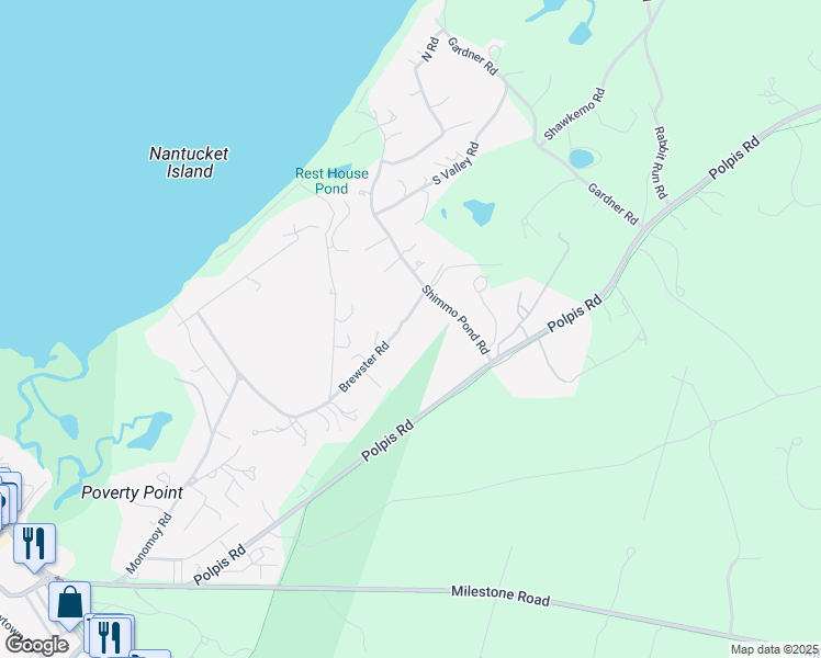 map of restaurants, bars, coffee shops, grocery stores, and more near 45 Brewster Road in Nantucket