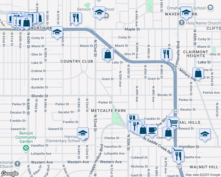 map of restaurants, bars, coffee shops, grocery stores, and more near 2012 North 51st Street in Omaha