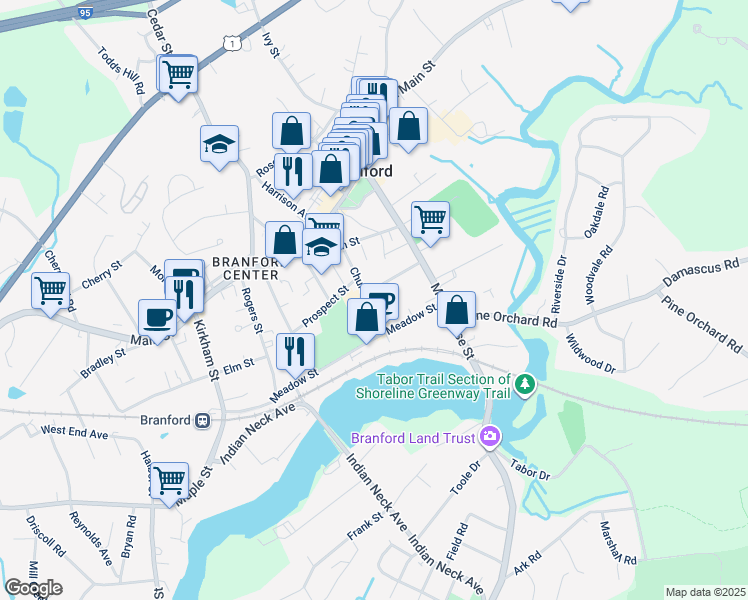 map of restaurants, bars, coffee shops, grocery stores, and more near 43 Church Street in Branford