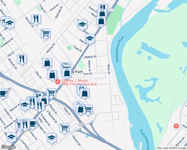 map of restaurants, bars, coffee shops, grocery stores, and more near 105 Fort Street in Kingston