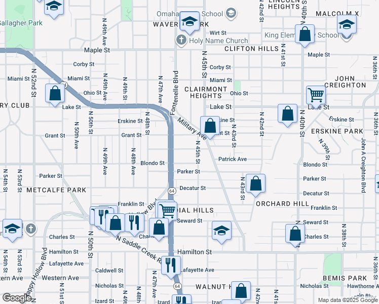 map of restaurants, bars, coffee shops, grocery stores, and more near 4515 Burdette Street in Omaha