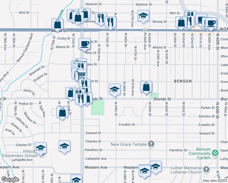 map of restaurants, bars, coffee shops, grocery stores, and more near 2022 North 69th Street in Omaha