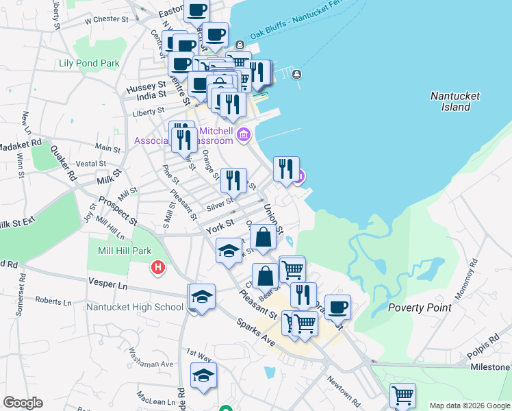 map of restaurants, bars, coffee shops, grocery stores, and more near 3 Independent Way in Nantucket