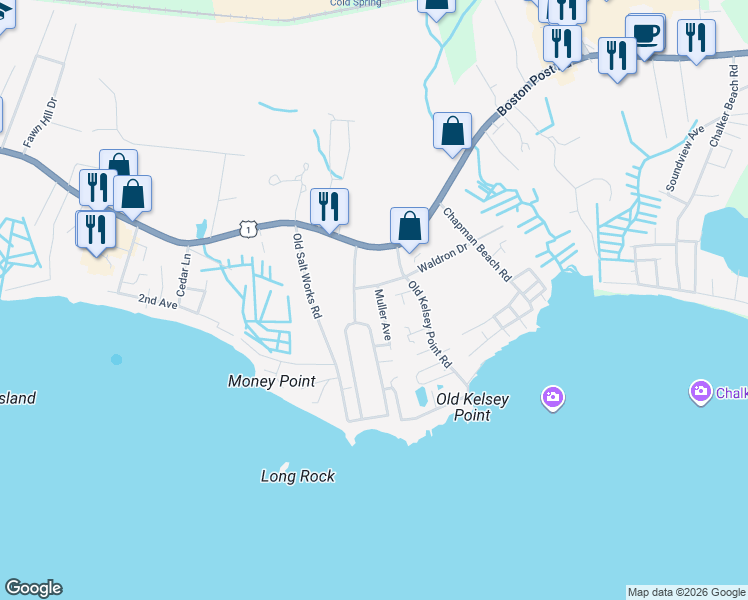 map of restaurants, bars, coffee shops, grocery stores, and more near 68 Sagamore Terrace Road in Westbrook