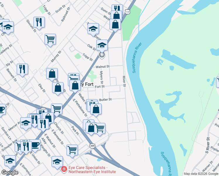 map of restaurants, bars, coffee shops, grocery stores, and more near 134 Culver Street in Forty Fort