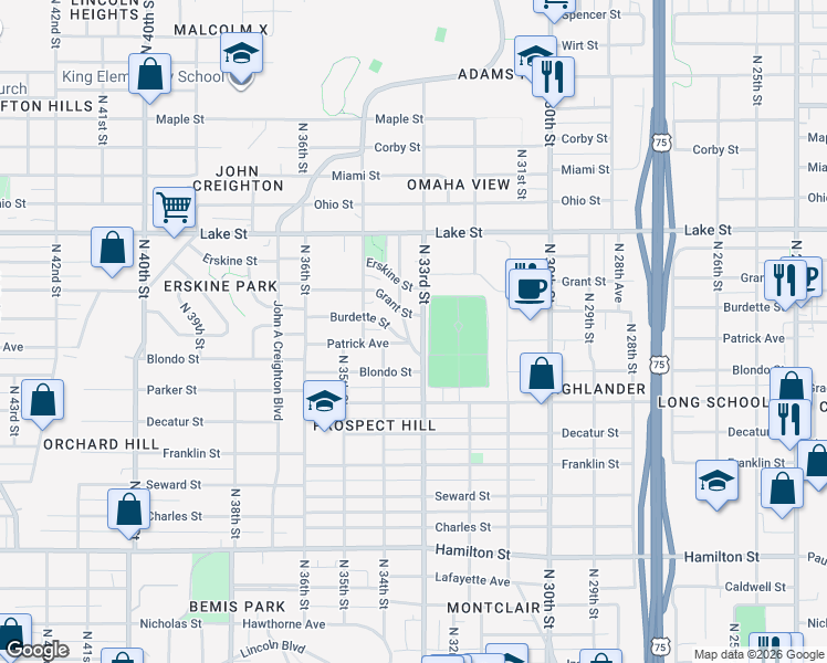 map of restaurants, bars, coffee shops, grocery stores, and more near 3362 Patrick Avenue in Omaha