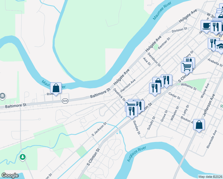 map of restaurants, bars, coffee shops, grocery stores, and more near 1209 Baltimore Street in Defiance