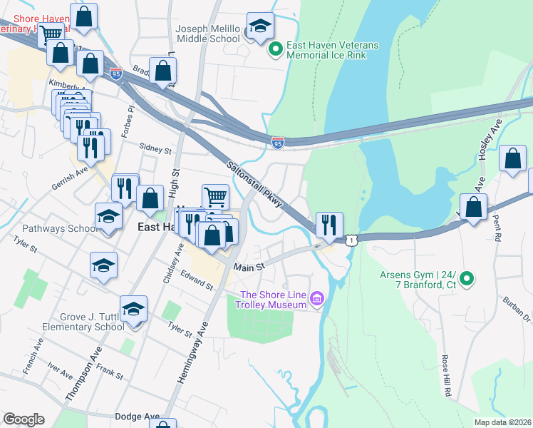 map of restaurants, bars, coffee shops, grocery stores, and more near 128 Estelle Road in East Haven