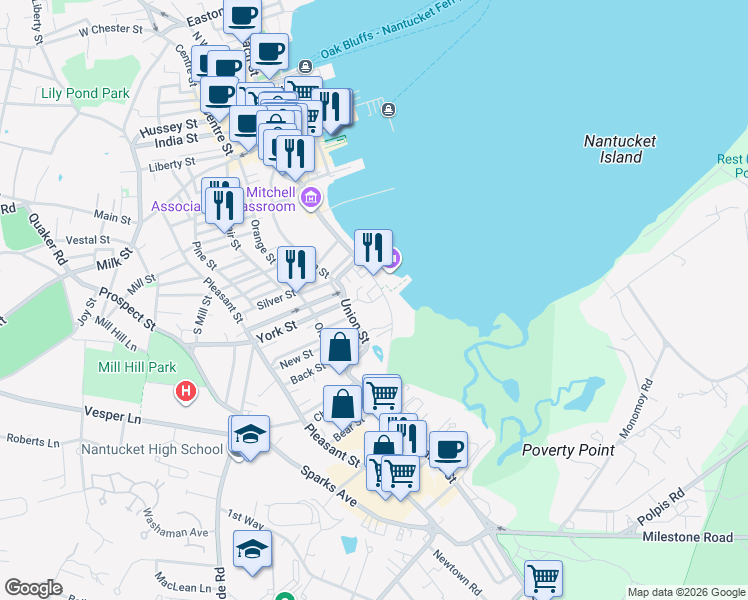 map of restaurants, bars, coffee shops, grocery stores, and more near 70 Union Street in Nantucket