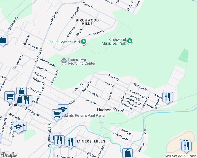 map of restaurants, bars, coffee shops, grocery stores, and more near 19 Tulip Dr in Wilkes-Barre