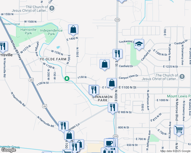 map of restaurants, bars, coffee shops, grocery stores, and more near 1158 North 240 East in Ogden
