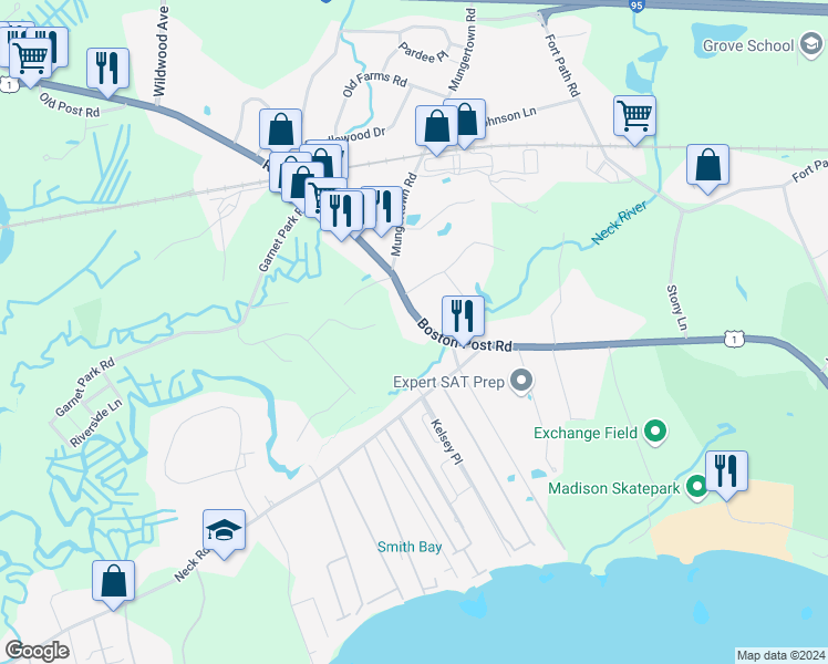 map of restaurants, bars, coffee shops, grocery stores, and more near 248 Boston Post Road in Madison