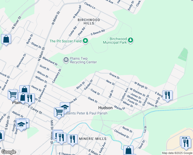 map of restaurants, bars, coffee shops, grocery stores, and more near 1-19 Tulip Dr in Wilkes-Barre