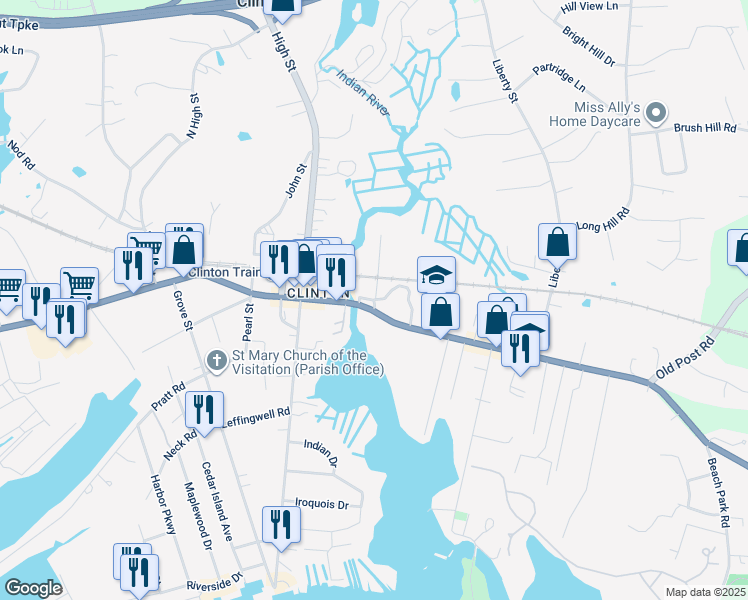 map of restaurants, bars, coffee shops, grocery stores, and more near 55 Church Road in Clinton