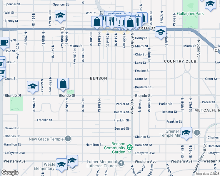 map of restaurants, bars, coffee shops, grocery stores, and more near 2024 North 61st Street in Omaha