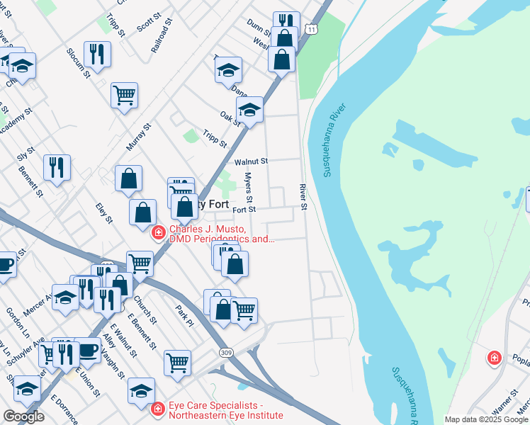 map of restaurants, bars, coffee shops, grocery stores, and more near 134 Culver Street in Forty Fort