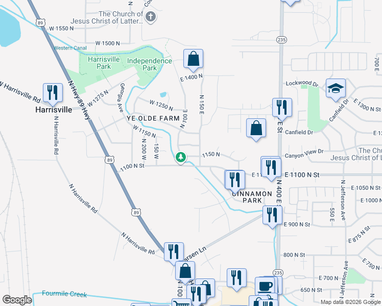 map of restaurants, bars, coffee shops, grocery stores, and more near 116 1150 North in Harrisville