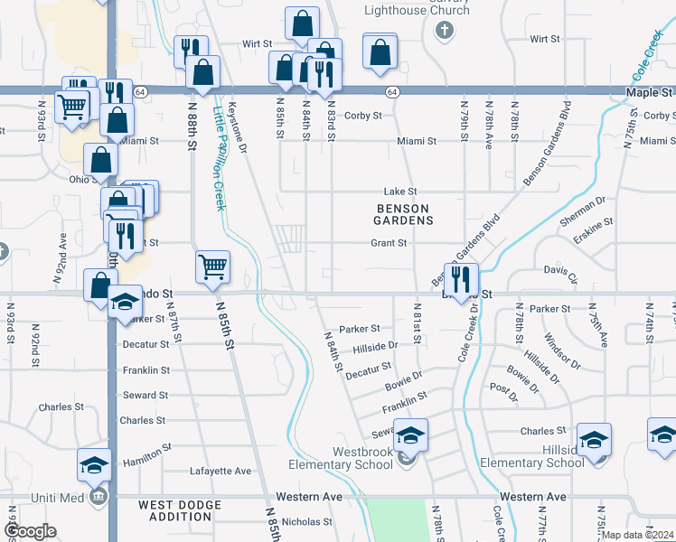 map of restaurants, bars, coffee shops, grocery stores, and more near 2017 North 83rd Street in Omaha
