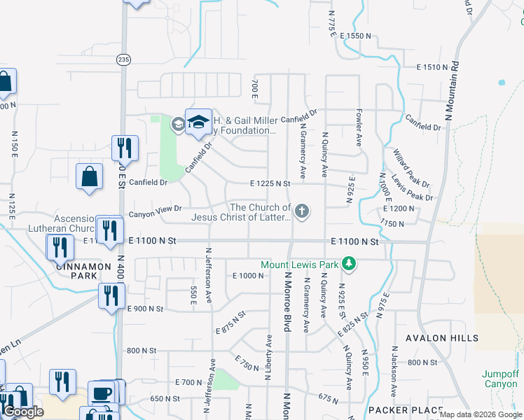 map of restaurants, bars, coffee shops, grocery stores, and more near 755 East 1175 North in Ogden