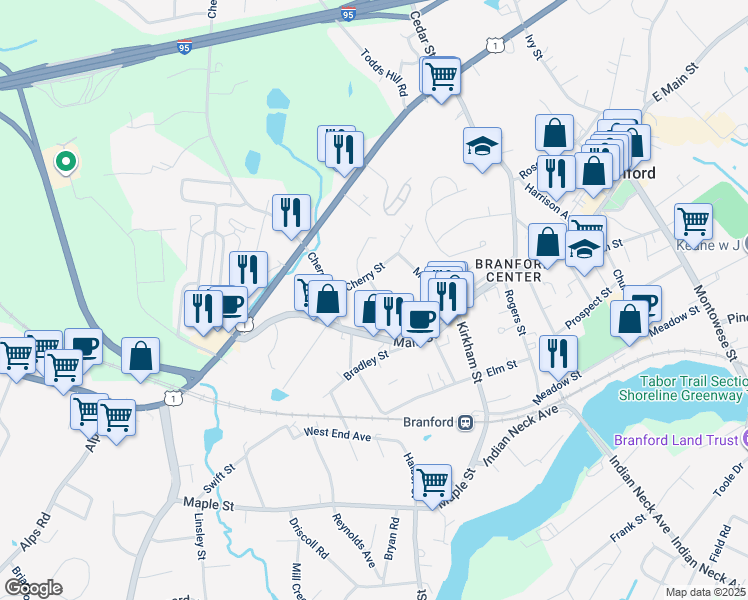 map of restaurants, bars, coffee shops, grocery stores, and more near 14 Lincoln Avenue in Branford