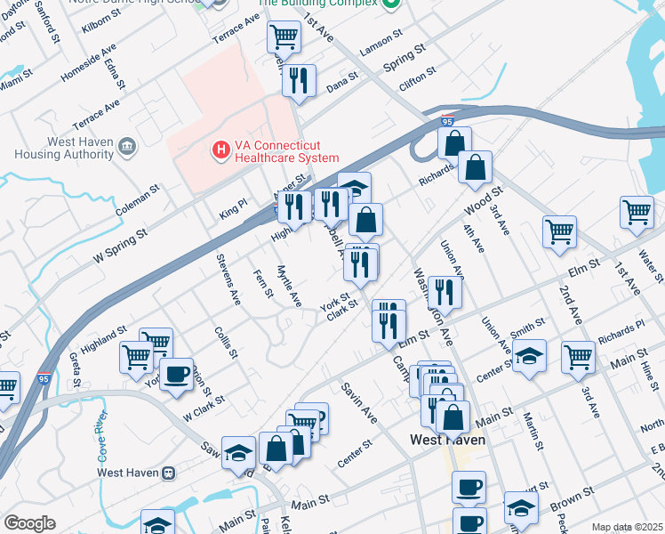 map of restaurants, bars, coffee shops, grocery stores, and more near 95 Wharton Place in West Haven