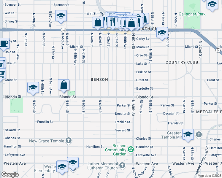map of restaurants, bars, coffee shops, grocery stores, and more near 2024 North 61st Street in Omaha