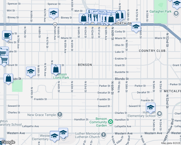 map of restaurants, bars, coffee shops, grocery stores, and more near 2019 North 63rd Street in Omaha