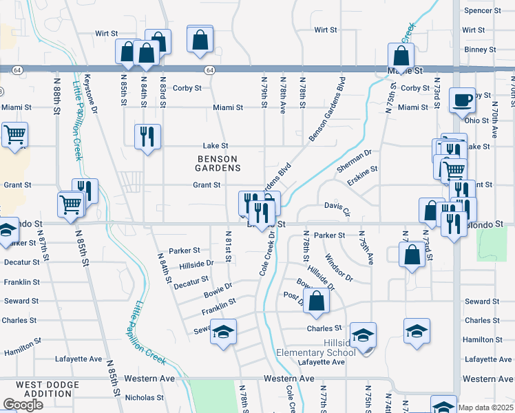 map of restaurants, bars, coffee shops, grocery stores, and more near 2123 Benson Gardens Boulevard in Omaha