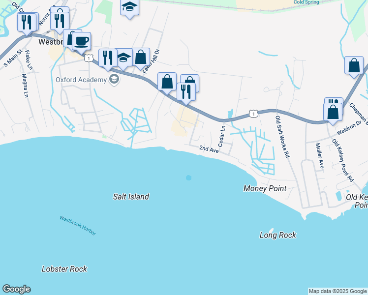 map of restaurants, bars, coffee shops, grocery stores, and more near 21 2nd Avenue in Westbrook