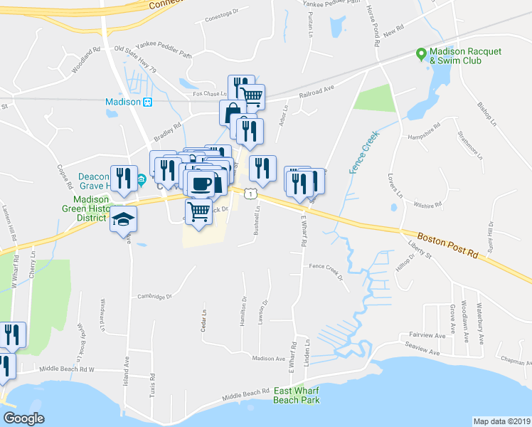 map of restaurants, bars, coffee shops, grocery stores, and more near 852 Boston Post Road in Madison