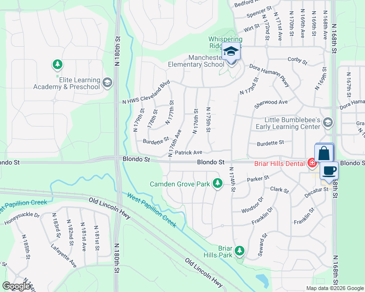 map of restaurants, bars, coffee shops, grocery stores, and more near 2108 North 176th Street in Omaha