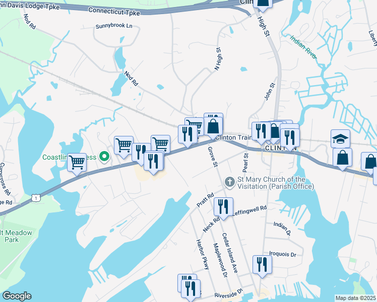 map of restaurants, bars, coffee shops, grocery stores, and more near 68 West Main Street in Clinton