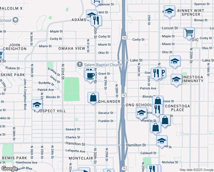 map of restaurants, bars, coffee shops, grocery stores, and more near 2115 North 29th Street in Omaha