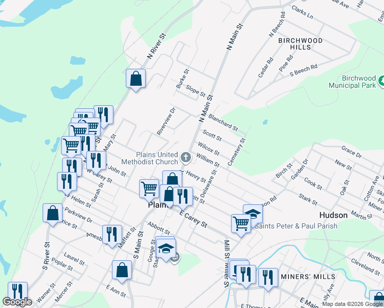 map of restaurants, bars, coffee shops, grocery stores, and more near 54 Delaware Street in Wilkes-Barre