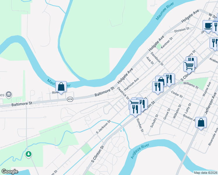 map of restaurants, bars, coffee shops, grocery stores, and more near 1209 Baltimore Street in Defiance