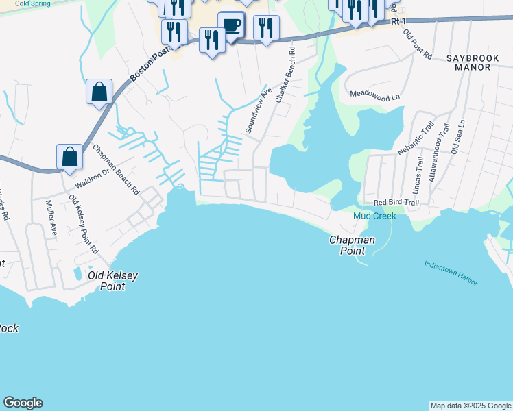 map of restaurants, bars, coffee shops, grocery stores, and more near 2 Beach Road West in Old Saybrook