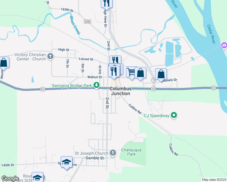 map of restaurants, bars, coffee shops, grocery stores, and more near in Columbus Junction