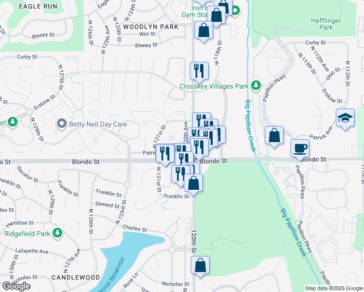 map of restaurants, bars, coffee shops, grocery stores, and more near 12066 Patrick Avenue in Omaha