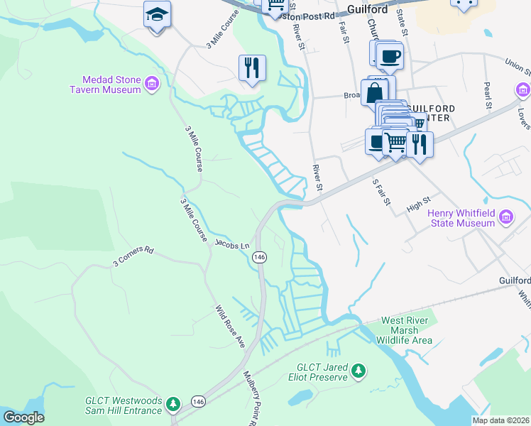 map of restaurants, bars, coffee shops, grocery stores, and more near 211 Water Street in Guilford