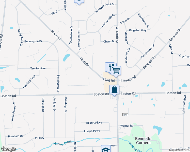 map of restaurants, bars, coffee shops, grocery stores, and more near 19540 Hunt Road in Strongsville