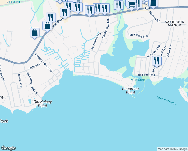 map of restaurants, bars, coffee shops, grocery stores, and more near 2 Beach Road West in Old Saybrook
