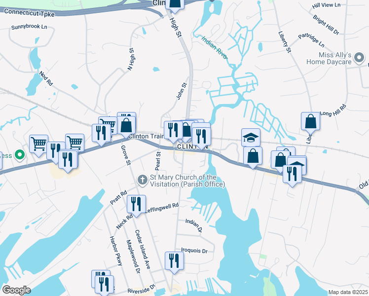 map of restaurants, bars, coffee shops, grocery stores, and more near 8 East Main Street in Clinton