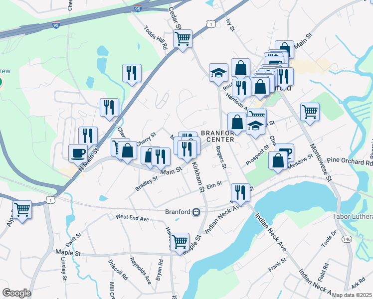 map of restaurants, bars, coffee shops, grocery stores, and more near 606 Main Street in Branford
