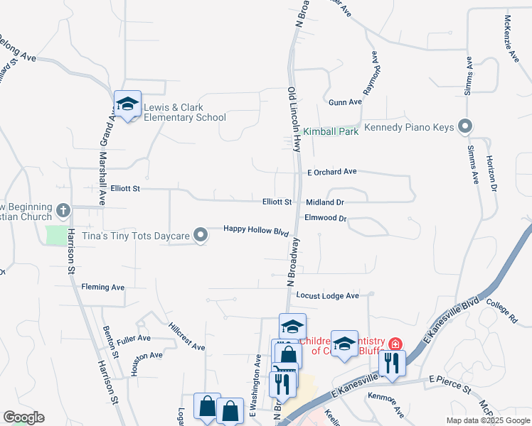 map of restaurants, bars, coffee shops, grocery stores, and more near 11 Elliott Street in Council Bluffs