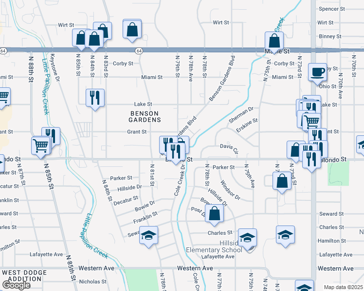 map of restaurants, bars, coffee shops, grocery stores, and more near 2123 Benson Gardens Boulevard in Omaha