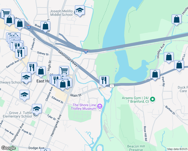 map of restaurants, bars, coffee shops, grocery stores, and more near 75 Saltonstall Parkway in East Haven