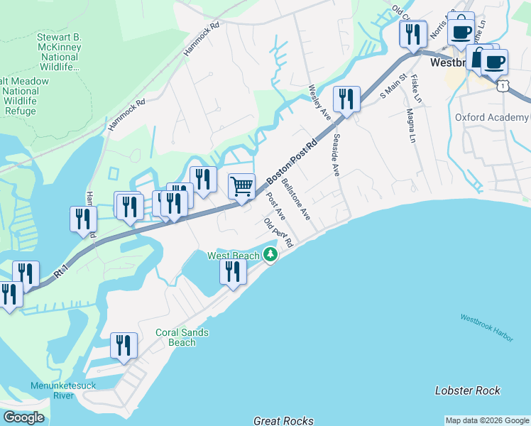 map of restaurants, bars, coffee shops, grocery stores, and more near 22 Lynne Avenue in Westbrook
