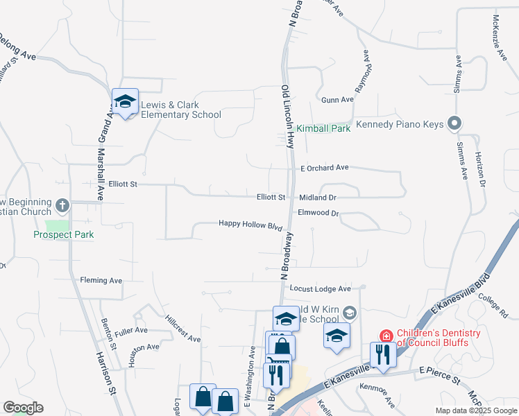 map of restaurants, bars, coffee shops, grocery stores, and more near 11 Elliott Street in Council Bluffs