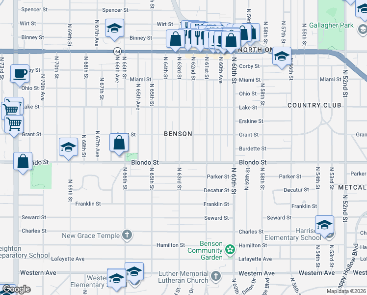 map of restaurants, bars, coffee shops, grocery stores, and more near 2019 North 63rd Street in Omaha